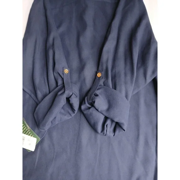 Lauren Ralph Lauren Top 14 / XL Womens Navy Silk Gold Button Crest Old Money New - Picture 12 of 13